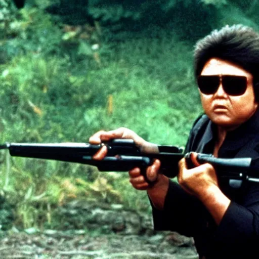 Prompt: a still of Kim Jong-il disguised as John Rambo holding a machine gun in Rambo First Blood, 35mm film, classic iconic Rambo pose