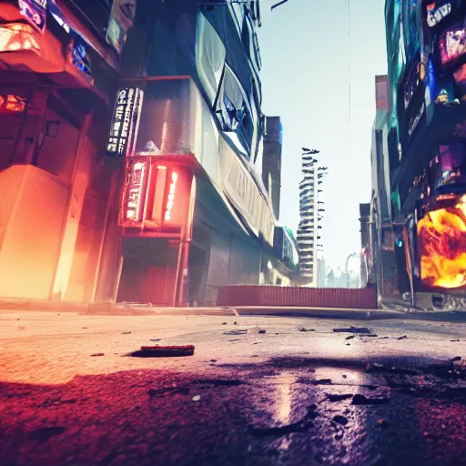 Image similar to photograph of a riot in a cyberpunk city street, first person view