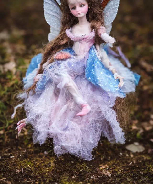 Image similar to high quality presentation photo of a detailed fairy doll in the style of Nicoletta Ceccoli photography 4k f1.8 anamorphic bokeh 4k Canon Nikon