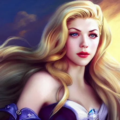 Image similar to A combination of Katheryn Winnick's and Grace Kelly's and Katherine McNamara's faces with blonde hair as Sailor Moon, western, D&D, fantasy, intricate, elegant, highly detailed, digital painting, artstation, concept art, matte, sharp focus, illustration, art by Artgerm and Greg Rutkowski and Alphonse Mucha