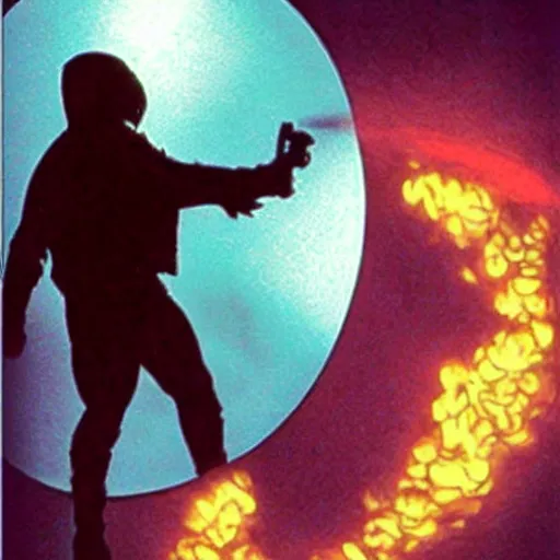 Image similar to jason voorhees being abducted by a flying saucer ufo