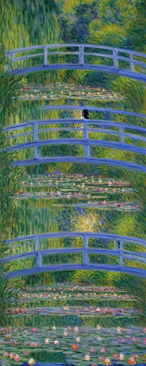 Prompt: A impressionism oil painting of water lilies pond at dusk, a bridge across the pond and a mansion near the pond, by Claude Monet