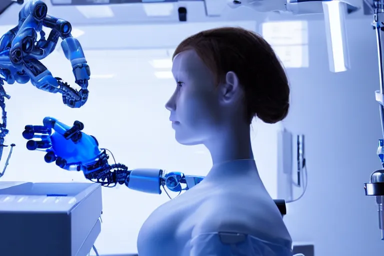 Prompt: promotional image from a sci - fi movie, a cyborg girl on the operation table in a dark dystopian lab, soft blue light, a cyborg surgeon robot, medical equipment, 8 k, cinematic, very detailed face, movie still frame, promotional image, imax 7 0 mm footage