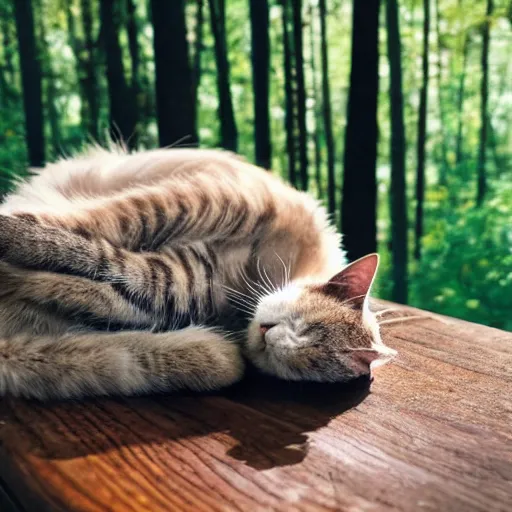 Prompt: a sleeping cat on a table, in a forest