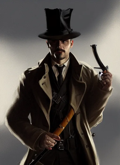 Image similar to portrait of a detective wearing trench coat and smoking puro, holding a sword, victorian, concept art, detailed face, fantasy, close up face, highly detailed, cinematic lighting, digital art painting by greg rutkowski