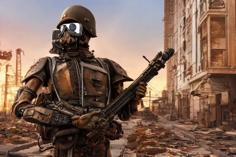 Image similar to 3d render of a detailed steampunk soldier with full-head helmet carrying a sci-fi energy rifle in his arms, standing in front of a dilapidated advanced city, 4k, Unreal Engine, octane render