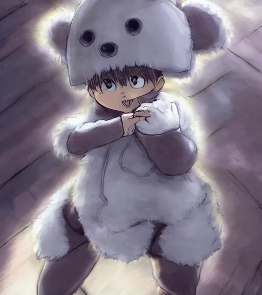 Prompt: attractive little boy wearing an cyborg bear suit, artwork in kentaro miura and made in abyss and inazuma eleven, smooth, beautiful lightness, anatomically correct, trending on pixiv, sensual composition