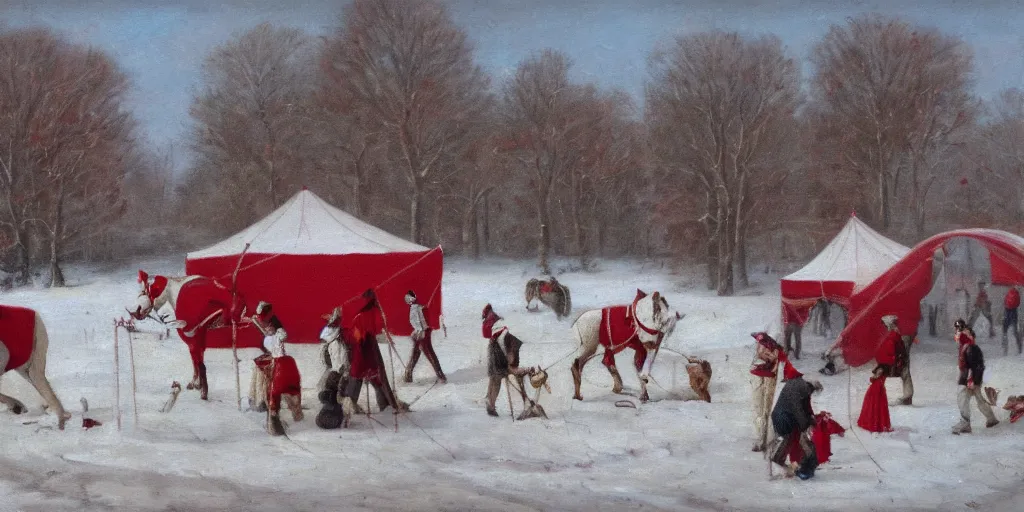 Image similar to a big circus in the snow ground, oil painting, red and white color