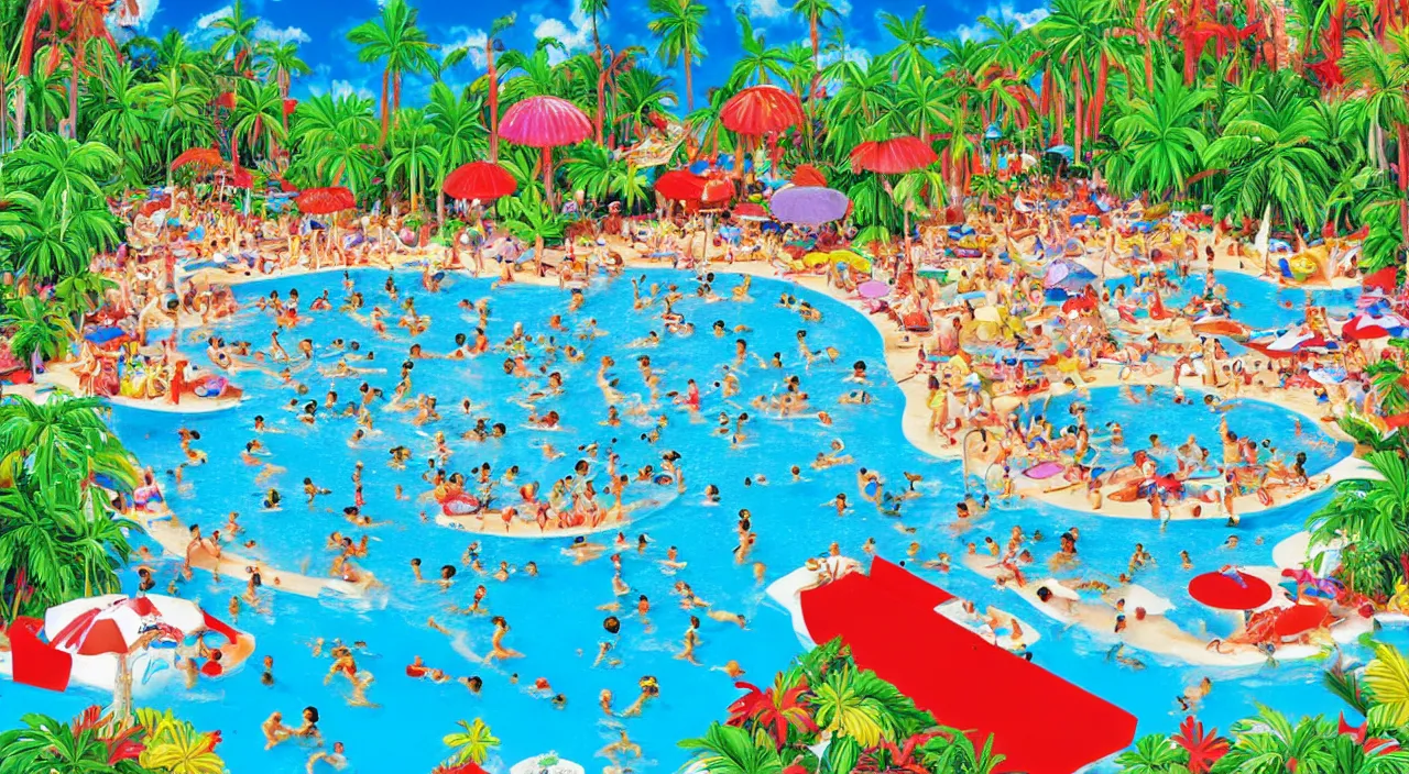 Image similar to where’s waldo, a beautiful day at a tropical pool,colorised,photograph