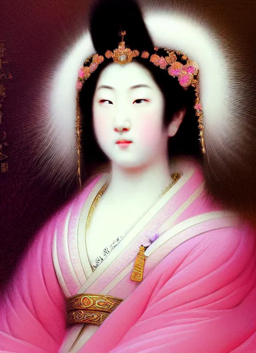 Image similar to stunning japanese godess princess, detailed pink and white million of feathers head peace against a black backdrop by ivan aivazovsky, 3 / 4 view portrait, wlop, super sharp details, photorealism, canon 5 d, 5 0 mm lens, stunning photoshot, beautiful soft lighting, muted colours, artstation