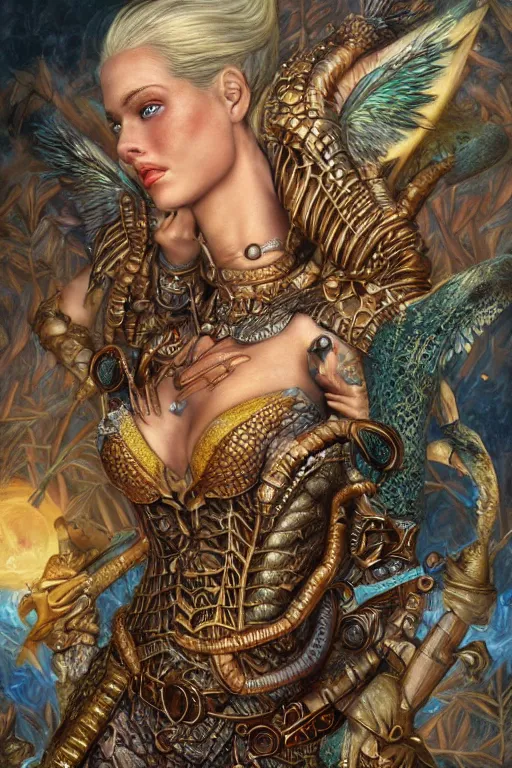 Image similar to Mystical Valkyrie, Portrait of a beautiful female Atlantean Reptilian Warrior, Realistic, Regal, Refined, Detailed Digital Art, Michael Cheval, Walt Disney (1937), François Boucher, Oil Painting, Steampunk, Highly Detailed, Cinematic Lighting, Unreal Engine, 8k, HD