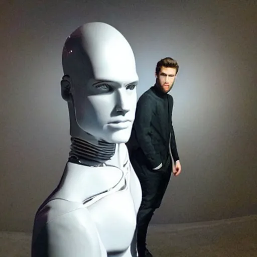 Image similar to “a realistic detailed photo of a guy who is an attractive humanoid who is half robot and half humanoid, who is a male android, actor Liam Hemsworth, shiny skin, posing like a statue, blank stare, at the museum, on display”