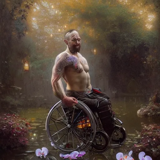 Prompt: handsome portrait of a wheelchair guy fitness posing, radiant light, caustics, war hero, smooth, one legged amputee, reflective koi pond, party balloons, white orchids, mushrooms, lush garden surroundings, by gaston bussiere, bayard wu, greg rutkowski, giger, maxim verehin