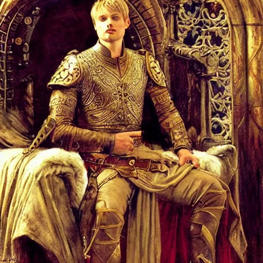 Prompt: attractive bradley james as king arthur pendragon, sat in his throne, big arches in the back, very detailed painting, by gaston bussiere, craig miller, j. c. leyendecker