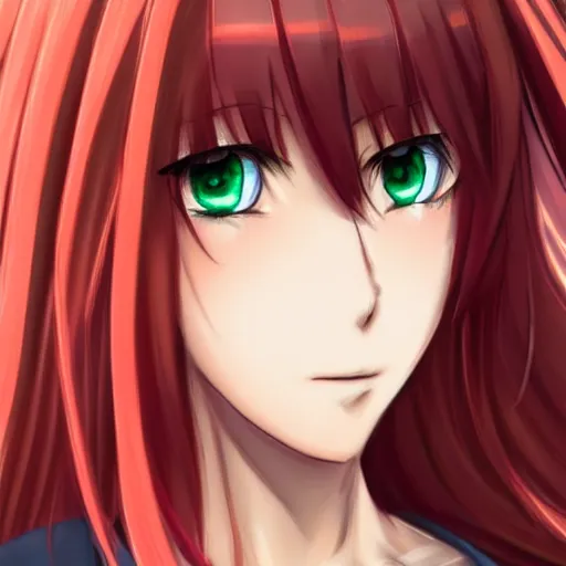 Image similar to portrait of an anime girl with red hair and green eyes