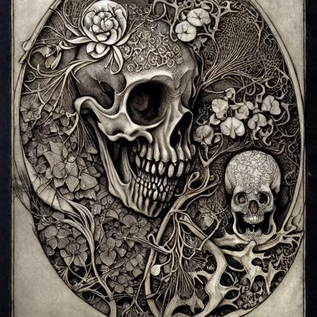 Image similar to memento mori by arthur rackham, art forms of nature by ernst haeckel, exquisitely detailed, art nouveau, gothic, ornately carved beautiful skull dominant, intricately carved antique bone, art nouveau botanicals, ornamental bone carvings, art forms of nature by ernst haeckel, horizontal symmetry, arthur rackham, ernst haeckel, symbolist, visionary