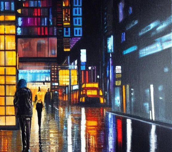 Image similar to melancholy on an empty street in a cyberpunk city during a rainy night, oil on canvas
