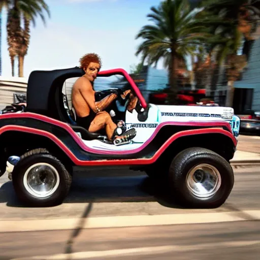 Image similar to beetlejuice from the howard stern show driving a power wheel jeep, from the new fast and furious movie, movie still, fun, action, 8 k