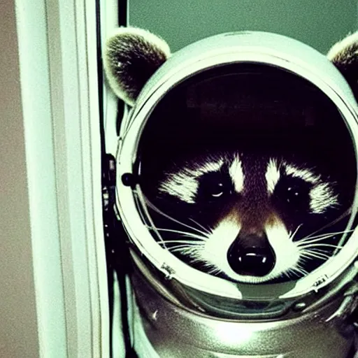 Prompt: a photo of a raccoon wearing an astronaut helmet, looking out of the window at night.