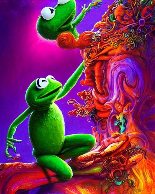 Prompt: rainbow fire kermit the frog, by antonio j. manzanedo, alex grey, android jones, wayne barlowe, philippe druillet, raymond swanland, cyril rolando, josephine wall, harumi hironaka, cronenburg, trending on artstation