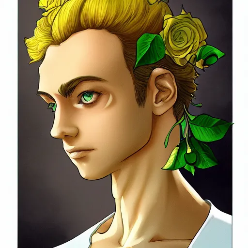 Prompt: a side view portrait of 1 5 years old young and beautiful giorno giovanna, green and yellow roses fill the background, fantasy, cinematic, tarot card, golden ratio, artstation