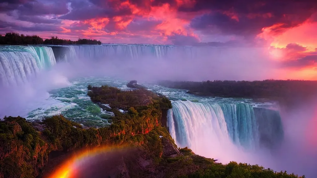 Image similar to amazing landscape photo of niagara falls in sunset by marc adamus, beautiful dramatic lighting