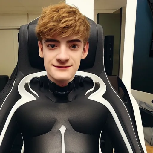 Image similar to “a realistic detailed photo of a guy who is an attractive humanoid who is half robot and half humanoid, who is a male android, twitch streamer Ninja Tyler Blevins, shiny skin, posing like a statue, blank stare, on a gaming chair streaming”