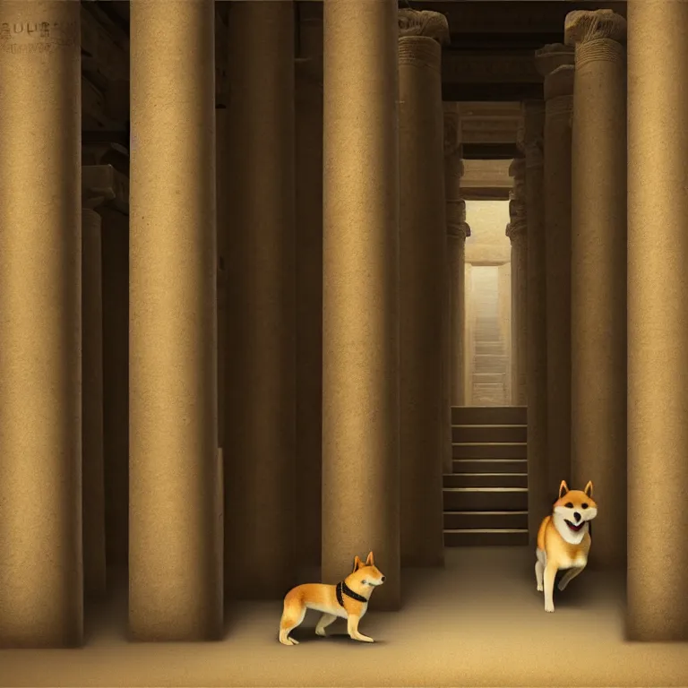 Prompt: a Shiba Inu walking through an ancient egyptian temple, dreamlike atmosphere, symmetrical baroque painting, perfect composition, beautiful detailed intricate high detailed octane trending on Artstation, 8K fine art photography, photorealistic, soft natural volumetric cinematic perfect light , chiaroscuro, award- winning photography, masterpiece, Raphael, Caravaggio, Greg Rutkowski, Beeple