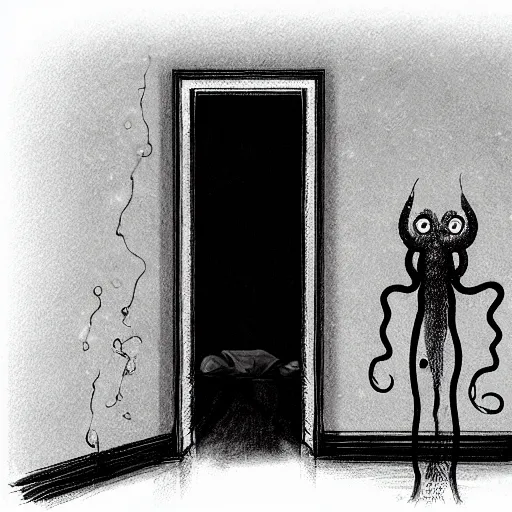 Image similar to grainy horror movie still of tentacles monster in closet, child room, moonlight, eerie, artstation