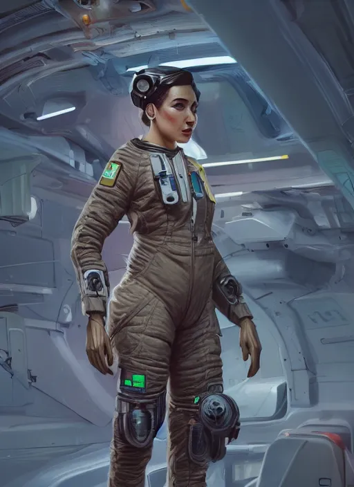 Image similar to detailed full body concept illustration oil painting of a beautiful woman pilot in intricately designed clothing, retro sci-fi, octane render, sss, postprocessing, 4k, cinematic lighting, unreal engine, insanely detailed and intricate, dystopian