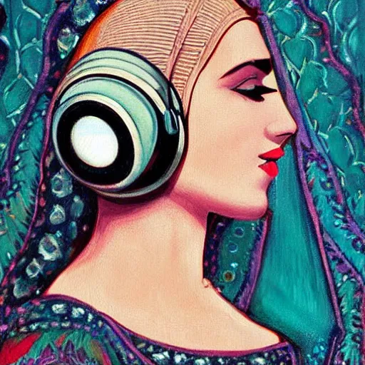 Image similar to intricate, amazing, art deco, retro vintage and romanticism, painting by niloufer wadia, soft color palette, highly detailed, godess with headphones from space sci - fi of ancient religion