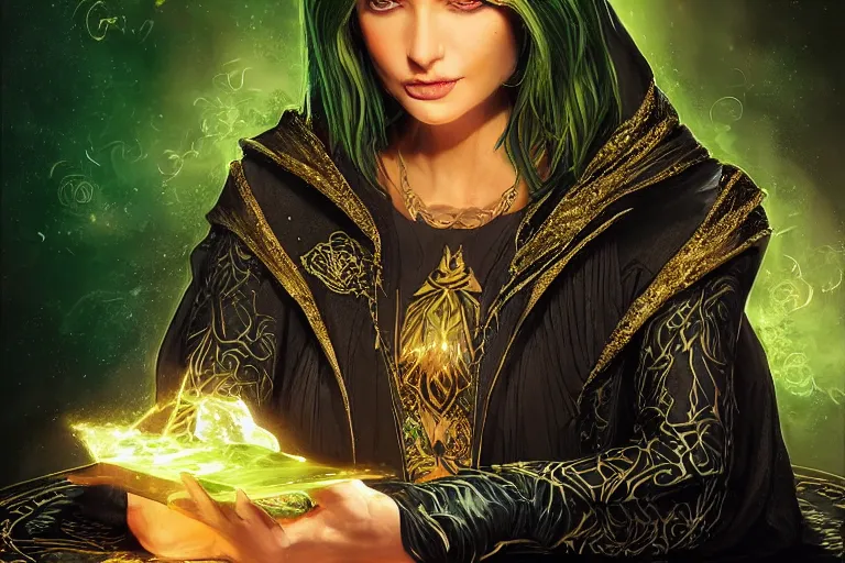 Prompt: a beautiful sorceress wearing a black robe with gold embroidery, sitting at table, casting a spell, green glows, painted by stefan kostic and artgerm, in the style of magic the gathering, highly detailed digital art