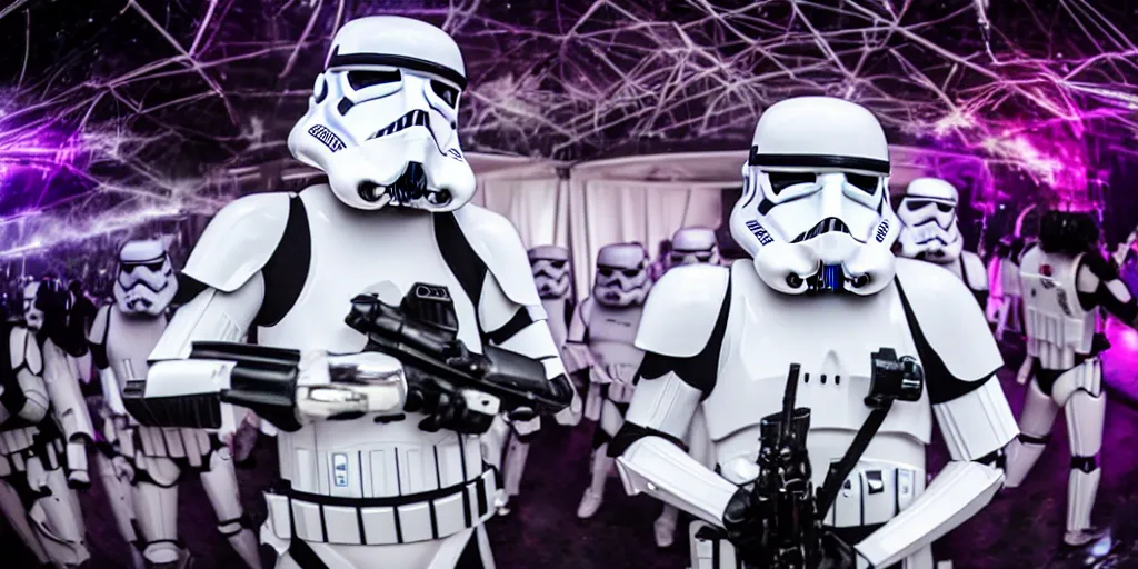 Prompt: stormtrooper DJ holding a kickass party, good music, dance trance EDM festival, 4k, wide angle shot, sony A3III camera shot, the empires force dancing on the beat, Imperial star destroyer dance floor, good drop, dancing stormtroopers, Live 3hr festival videoclip, 4k ultra HD