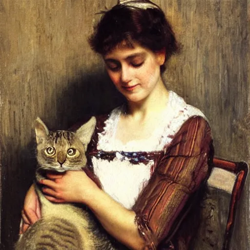 Prompt: young woman petting her cat by alfred stevens