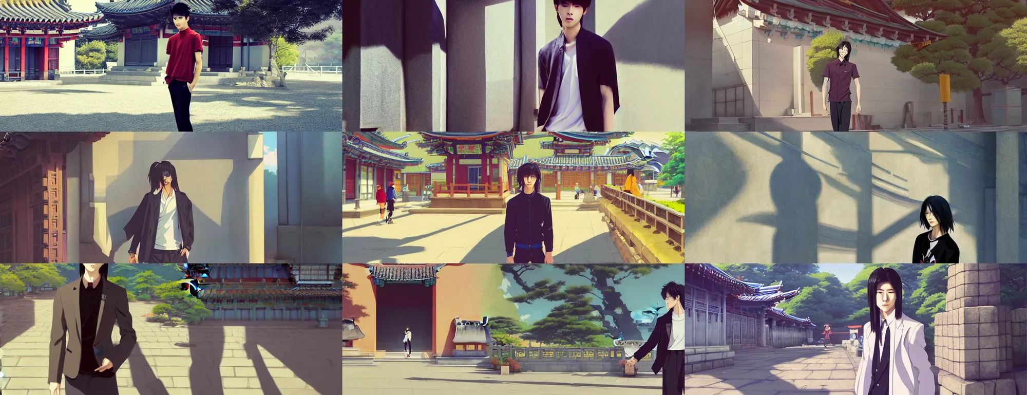 Image similar to a trendy korean male model with long straight hair at a temple on a nice sunny afternoon, strong shadows, overexposed sunlight, a screenshot by krenz cushart, pixiv contest winner, action painting, 2d game art, official art, award-winning, art by Studio Ghibli, by Chris Moore, high details