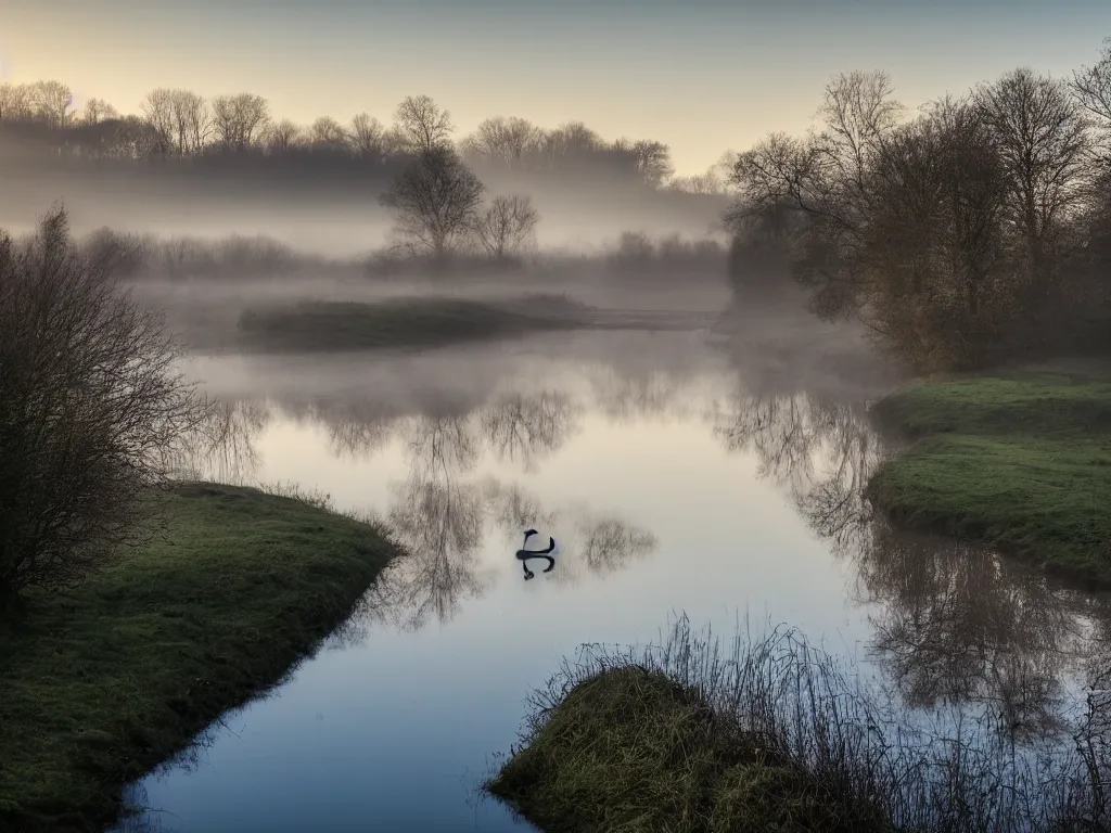 Prompt: A landscape photo taken by Kai Hornung of a river at dawn, misty, early morning sunlight, cold, chilly, two swans swim by, rural, English countryside
