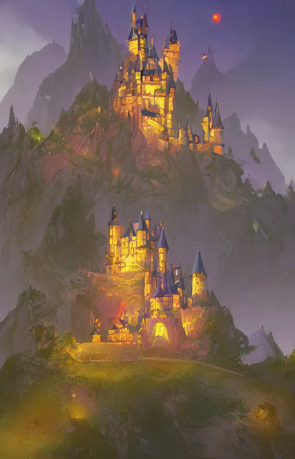 Image similar to magical castle school on a hill, dreamworks, sharp focus, highly detailed, james gilleard, ralph mcquarrie, bright colors, close up, print, game art