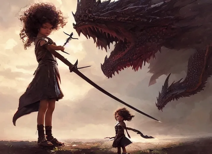 Prompt: a cute little girl with curly brown hair holding a sword faces off against a huge dragon, beautiful fantasy art by greg rutkowski.