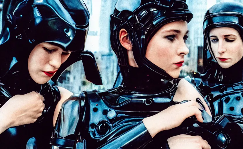 Image similar to cinestill 5 0 d photographic portrait by helen levitt of affection between two loving female cyborgs wearing black techwear in a retrofuturist garden, extreme closeup, modern cyberpunk, moody, 8 k, hd, high resolution, 3 5 mm, f / 3 2, ultra realistic faces, intricate detail, ex machina