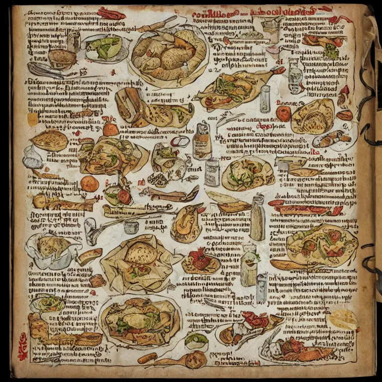 Image similar to middle age illustrated recipe for burrito ( ( ( ( burrito ) ) ) ) lot of medieval enluminures in the background explaining the recipe, schematic in a notebook