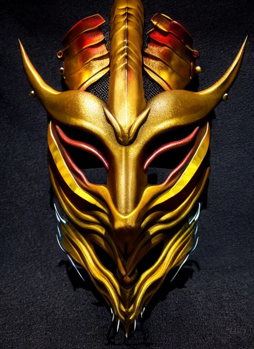 Prompt: samurai dragon mask, product photography, fantasy, highly detailed, comic book, shimmering, wlop, prism highlights, concept art, digital art, symmetrical features, golden-ratio, canvas, Wangechi Mutu, artstation, rule of thirds