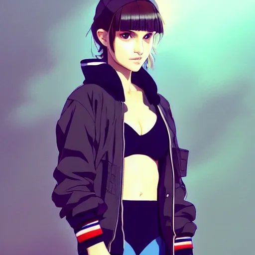 Image similar to a beautiful! boyish! natalie portman alluring gravure! model, wearing oversized aztec bomber jacket and leotard, poofy bomber jacket with mayan patterns, gapmoe yandere grimdark, trending on pixiv fanbox, painted by greg rutkowski makoto shinkai takashi takeuchi studio ghibli, akihiko yoshida