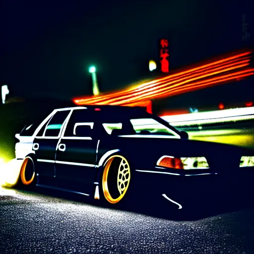 Image similar to a car JZX100 turbo drift at illegal car meet, Sibuya prefecture, city midnight mist lights, cinematic color, photorealistic, highly detailed wheels, 200MM