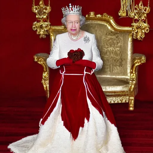 Prompt: queen elizabeth in a red velvet cake costume