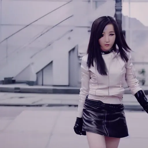 Image similar to a dynamic, epic cinematic 8K HD movie shot of a japanese young J-Pop idol girl wearing leather jacket, miniskirt, nylon tights and high heels boots. Motion, VFX, Inspirational arthouse