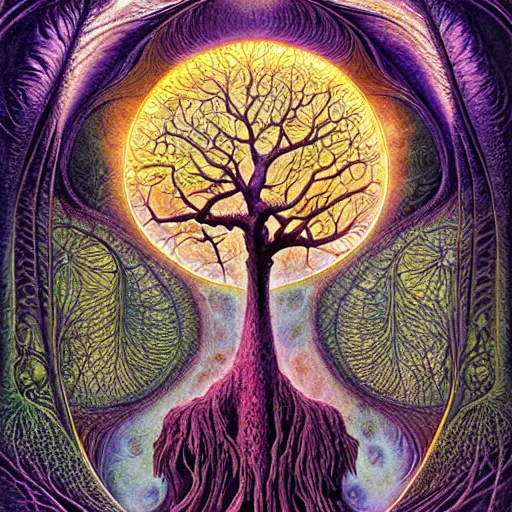 Image similar to sacred mulberry tree by roger dean and andrew ferez, art forms of nature by ernst haeckel, divine chaos engine, tree of life, symbolist, visionary, art nouveau, botanical fractal structures, lightning, surreality, lichtenberg figure