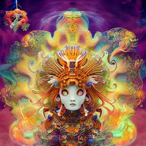 Image similar to 3 d goddess frontal view full body, astral projection, with ram golden skull. beautiful intricately detailed japanese fractal kitsune mask and clasical japanese kimono. betta fish, jellyfish fractal, bio luminescent, plasma, ice, water, wind, creature, mandelbulb, fractal, artwork by tooth wu and wlop and beeple and greg rutkowski