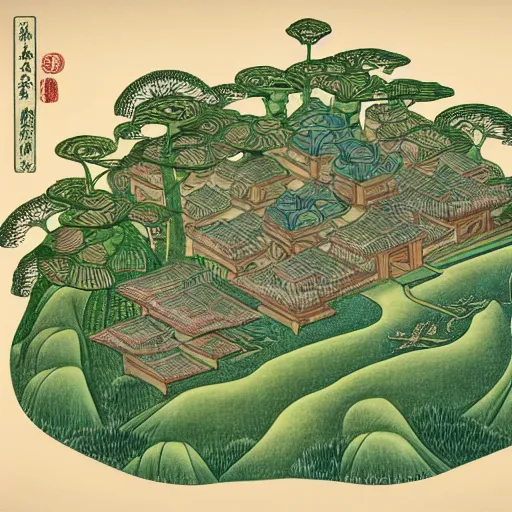 Image similar to 3d isometric botanical illustration of an alien town besides the nile river, diego rivera in Ukiyo-e style, HD