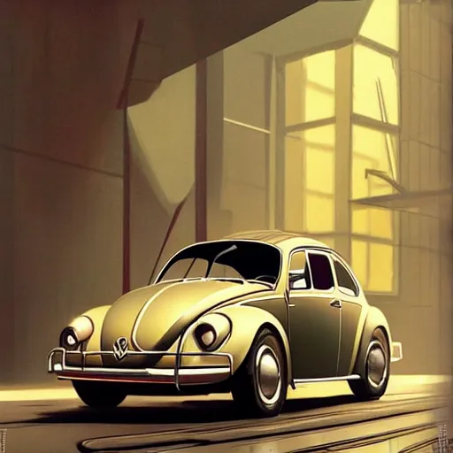 Prompt: What if Syd Mead designed a Volkswagen Beetle, gullwing side doors, future city background, concept art, trending on artstation