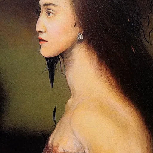 Prompt: detailed oil painting youthful young jennifer connelly with black feathers instead of hair, black lips, feathers growing out of skin, feathers growing from arms, black hands with long black claws, pale and sickly, profile view, renaissance, rembrandt, oil painting, very highly detailed